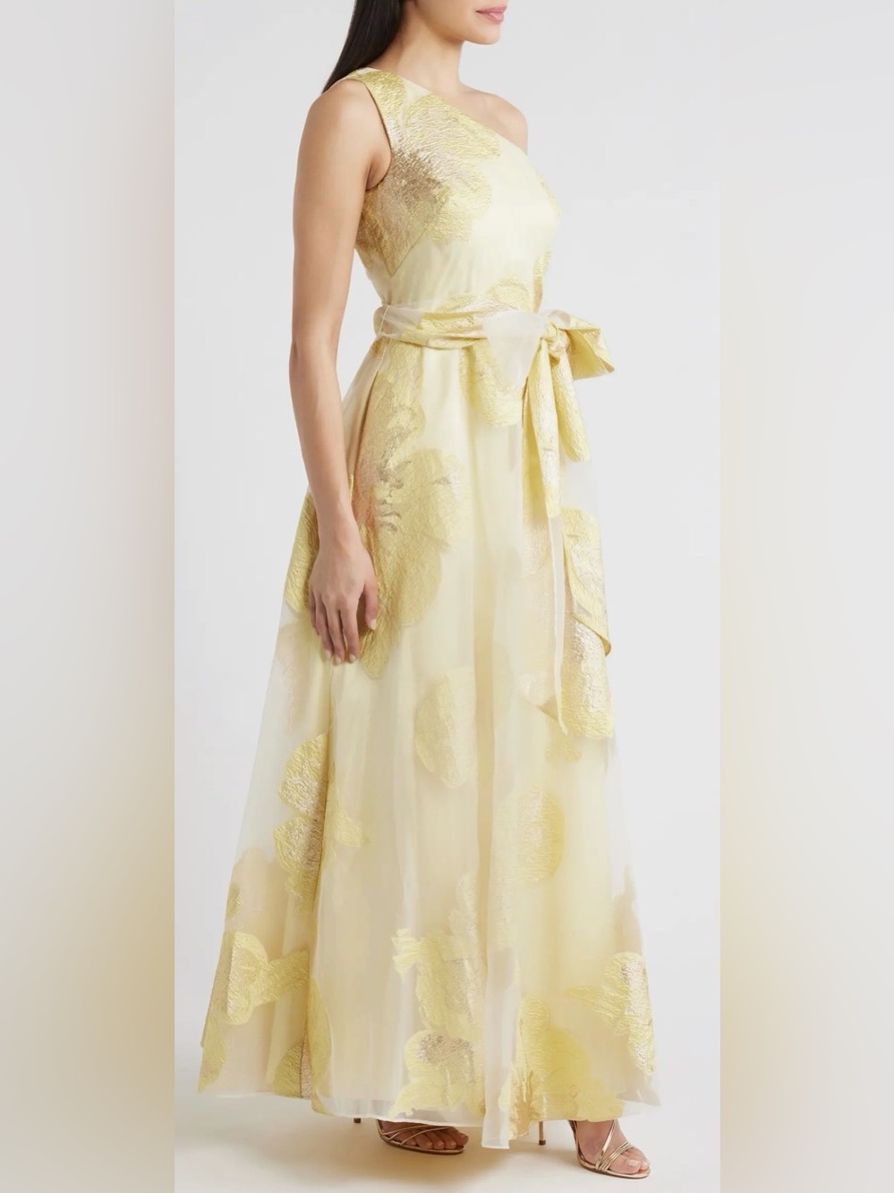 NEW ELIZA J One-Shoulder yellow Brocade belted Ballgown sz 4 - Picture 3 of 10
